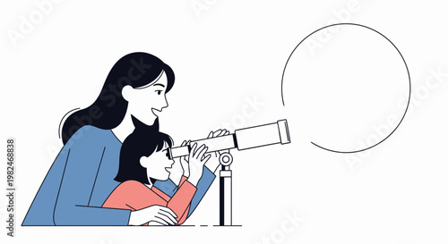 Vector illustration capturing a mother and child sharing an educational moment, looking through a telescope to discover the cosmos and inspiring a love for science