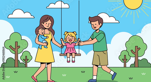 A happy cartoon family with a mother and son enjoying a fun summer walk in the park under a blue sky illustration vector