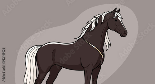 A wild black stallion silhouette vector illustration shows a powerful mustang animal running in a gallop with a flowing mane and tail for an equine art design