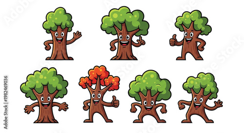 Cartoon trees set with various poses and expressions