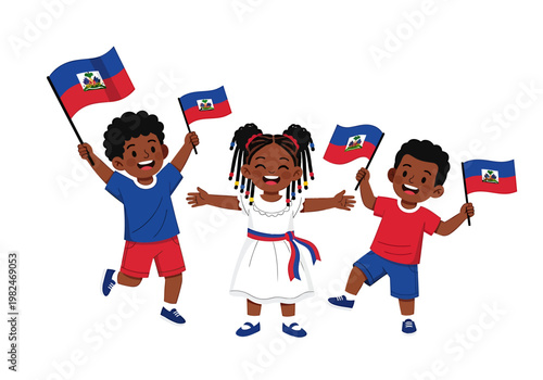Joyful Haitian children enthusiastically wave their national flags, embodying a vibrant celebration of cultural heritage, national pride, and unity for the future of Haiti's generations