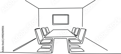 Conference room interior illustration, meeting table with chairs, business workspace concept, minimalist line art, corporate office design, boardroom environment