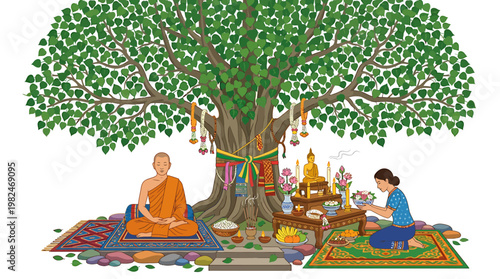 Serene illustration of a Buddhist monk meditating peacefully under a sacred Bodhi tree, while a woman offers respectful prayers and offerings, symbolizing devotion and spiritual tradition