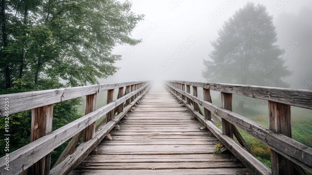 Fototapeta premium Serene Wooden Bridge Pathway in Rural Area Surrounded by Foggy Landscape