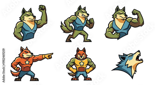 Cartoon wolf poses and actions set isolated on white background