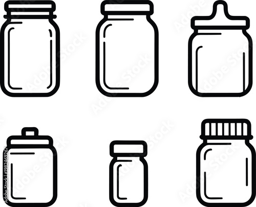 Glass jar icons set, storage container collection, kitchen bottles with lids, minimalist line style, food preservation concept, packaging, household storage