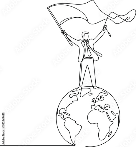 Businessman holding flag on globe line art illustration, global leadership success concept, achievement and ambition theme, minimal corporate outline design