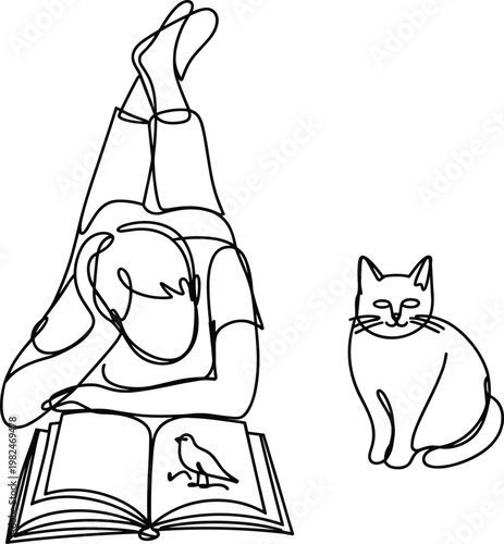 Girl reading book upside down with cat line art illustration, playful learning moment, cozy home lifestyle, minimal outline creative concept