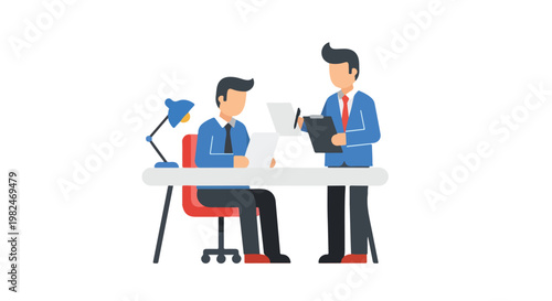 Two professional colleagues review important documents at a desk, engaged in a collaborative discussion within a modern office setting.
