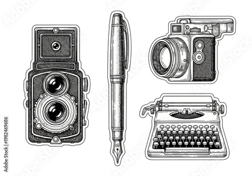 A collection of vintage writing and photography tools including a typewriter, pen, and two cameras