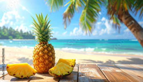 Pineapple on sunny beach scene