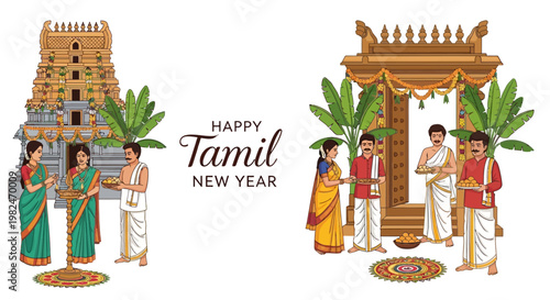 Vibrant vector illustration showcasing the Tamil New Year celebration, featuring traditionally dressed people exchanging greetings near a temple and ornate gateway decorated with banana