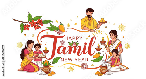 Illustrative vector art showcases the Tamil New Year with family members in traditional attire offering prayers, set against a clean white background adorned with festive elements