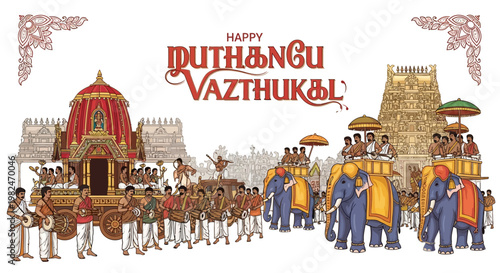 Festive Tamil New Year illustrations showcase a vibrant Puthandu celebration with elephants pulling a chariot and musicians performing, set against a clean white background with decorative
