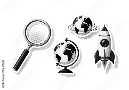 A collection of vintage-style illustrations depicting globes, a magnifying glass, and a rocket ship, symbolizing exploration and discovery