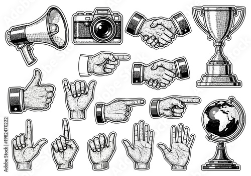 Set of vintage line art icons representing business, communication, achievement, and direction