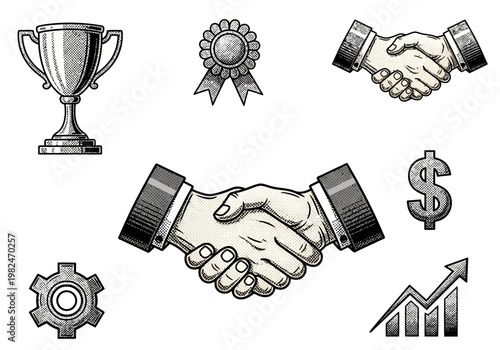 Vintage business and success symbols including handshake, trophy, and gear icon on white background