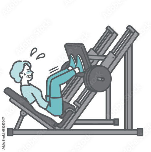 汗をかき足を震わせながら辛そうにレッグプレスをするシニア女性のイラスト