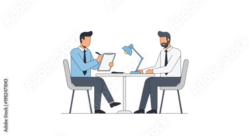 Two professional men sit at a desk during a job interview, one taking notes on a clipboard while the other looks on attentively.