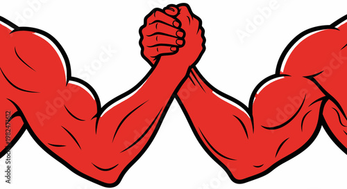 Arm Wrestling Competition: Two Muscular Red Arms Locked in Intense Struggle