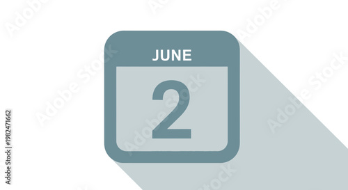 June 2nd Calendar Icon with Long Shadow, Isolated on White Background