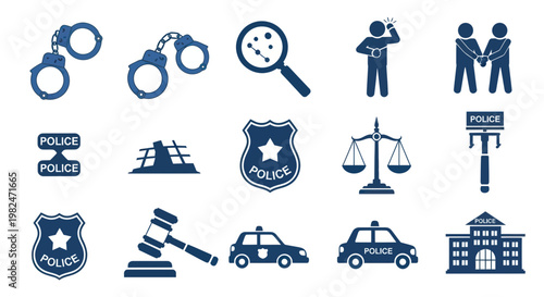 Police and Justice Icons: Handcuffs, Gavel, Scales, Magnifying Glass, Police Car