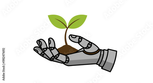 Robot hand holding a small plant.