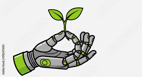 Robot hand holding a green plant.