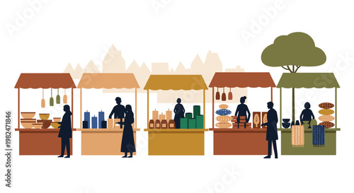 A vibrant marketplace scene depicts various stalls under awnings, showcasing diverse goods with customers and vendors in a flat, minimalist style. earthy tones and clean lines