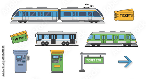 Public transportation elements in minimalist style: train, bus, metro tickets, ticket machines, and a directional arrow sign, all rendered with clean lines and a vibrant color