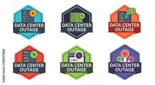 Six colorful data center outage icons depicting server rooms, percentage symbols, and exclamation marks, representing downtime, system failures, and network disruptions, suitable