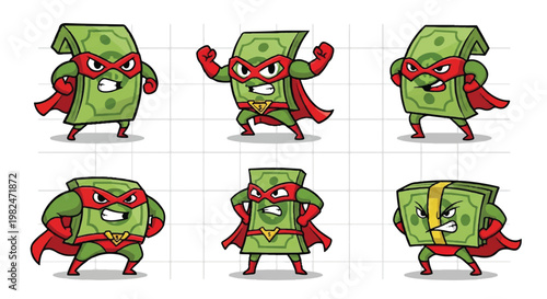 Superhero money cartoon character poses illustrations