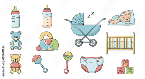 Collection of baby essentials depicted with soft pastel colors, including a baby bottle, teddy bear, rattle, baby carriage, sleeping infant, crib, diaper, and building blocks,