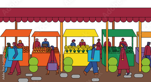 Colorful farmers market scene featuring various stalls selling produce, flowers, and goods, with stylized figures of people walking and shopping, rendered in a flat, geometric