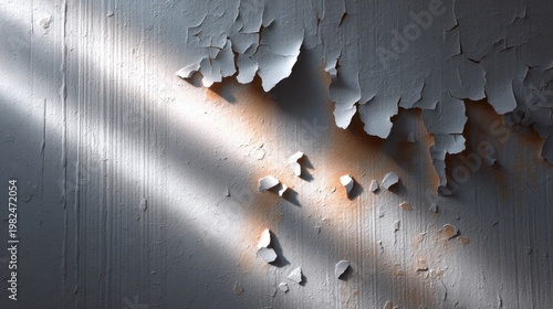 Close-Up of Peeling Paint on Wall Surface with Intriguing Textures and Natural Light Casting Shadows, Ideal for Artistic and Abstract Backgrounds