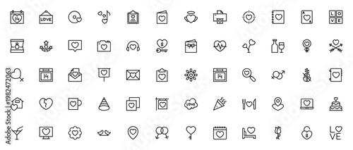 Love & Romance icon set. Valentine's Day vector illustrations. Includes heart, love letter, gift, ring, rose, wedding, music and more. Editable stroke.