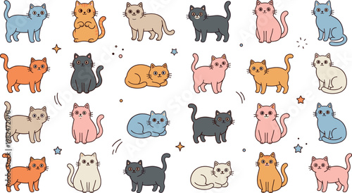 Cute colorful cat characters collection with playful poses and different fur patterns vector illustration set