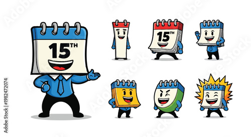 Cartoon calendar characters set presenting dates and events