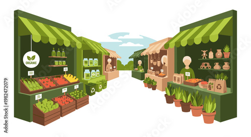 Farmers market scene with stalls showcasing fresh produce, organic goods, and various handcrafted items under green and beige awnings. people are selling their goods, creating a