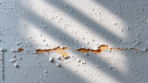 Abstract close-up of a textured wall with peeling paint, revealing a crack in the surface with light and shadow interplay for artistic backgrounds