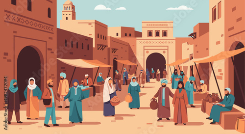 A vibrant marketplace scene depicts a bustling middle eastern town, featuring numerous figures in traditional attire, interacting amidst stalls and architectural structures,