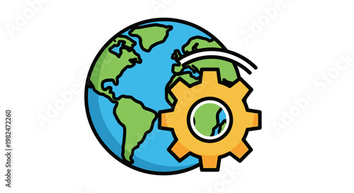 Global gear mechanism, a vibrant earth globe with continents in green and oceans in blue, intertwined with a golden cogwheel, illustrating worldwide connectivity, teamwork, and