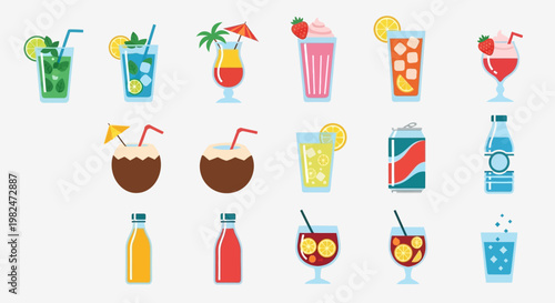 A vibrant collection of colorful summer cocktails and refreshing beverages, perfect for a tropical party or a relaxing day.