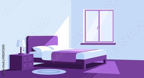 A minimalist bedroom with a purple bed, nightstand, and window, bathed in soft light.