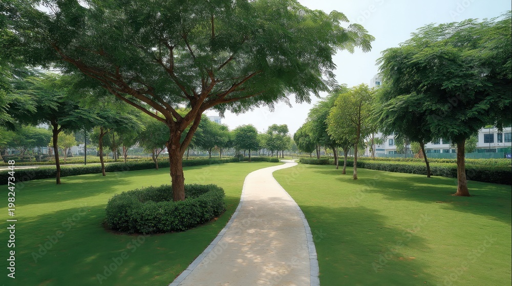 Fototapeta premium Serene Park Pathway Surrounded by Lush Green Trees and Vibrant Foliage under Clear Blue Sky in Bright Daylight