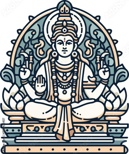 Traditional Indian Mythology Graphic Vishnu or Saraswati Seated in Meditation Mudra, Embodying Prosperity, Knowledge, and Spiritual Balance