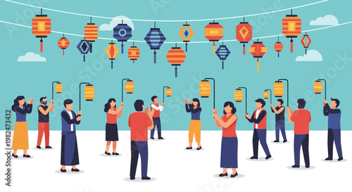 A vibrant illustration depicts a festive gathering of people holding lanterns under a canopy of colorful hanging lanterns, celebrating a cultural event.