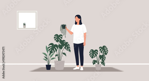 A woman is watering her houseplants, which are arranged on a rug in a room.