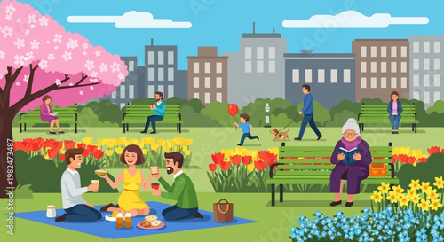 A vibrant spring day in a city park with people enjoying picnics, reading, and playing amidst blooming tulips and cherry blossoms.