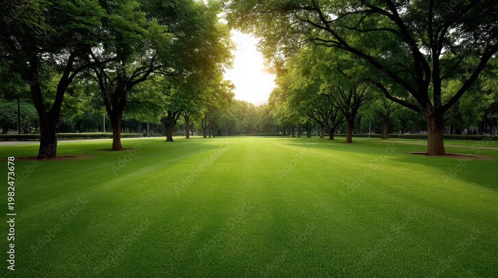 Fototapeta premium Lush Green Grass Field Surrounded by Tall Trees and Soft Sunlight Creating a Serene Natural Landscape in a Public Park Setting